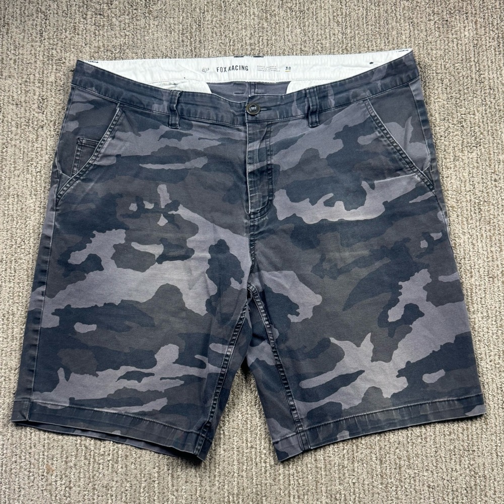 Fox Racing Camo Chino Shorts Mens 38 Flat Front Cotton Stretch 10" Inseam Grey